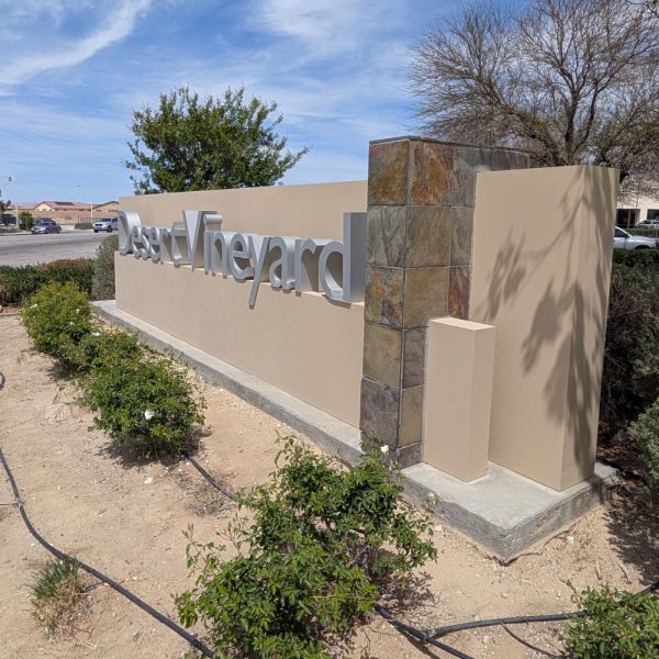 Shot of the monumental sign at Desert Vineyard Church in Lancaster, CA, featuring new paint on the structure, finished by Paint Daddy