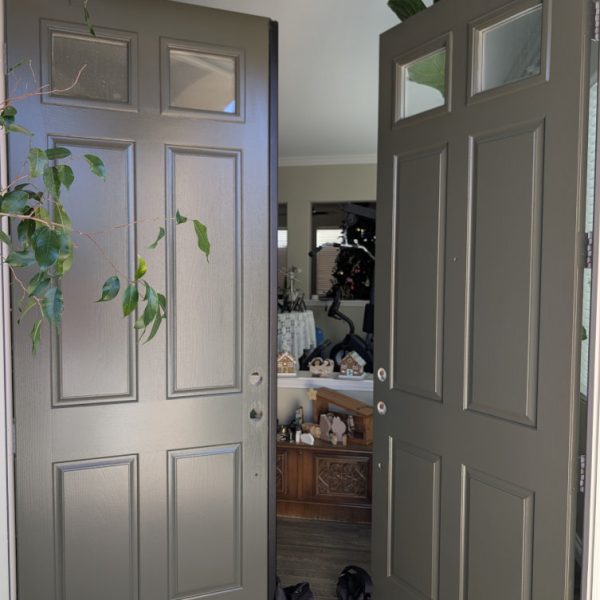 A professional refinishing of double front entry doors in a smooth olive green semi-gloss finish, featuring glass panes and clean hardware prep by Paint Daddy.