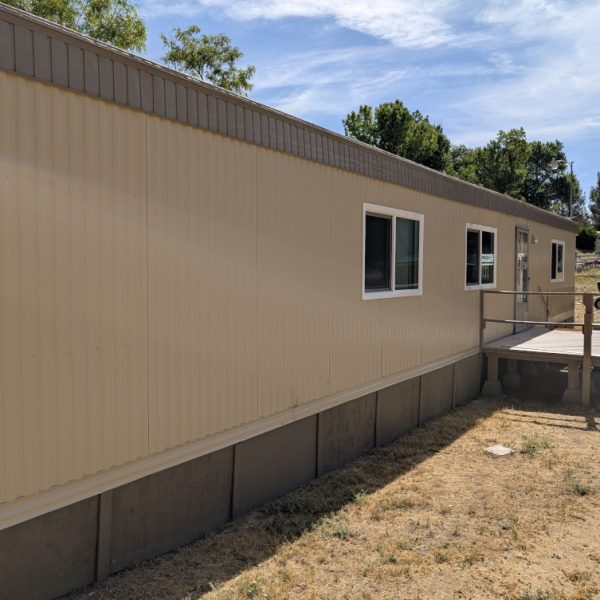 Full side view of a manufactured home featuring sandy tan vertical metal siding with matching dark brown fascia and textured footing/skirting by Paint Daddy.
