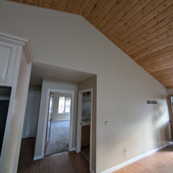 A vaulted ceiling view showing a perfect paint "cut-in" line where the tan wall meets a natural wood-plank ceiling, completed by Paint Daddy.